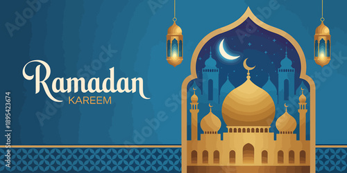 Ramadan Kareem greeting card design with mosque and lanterns