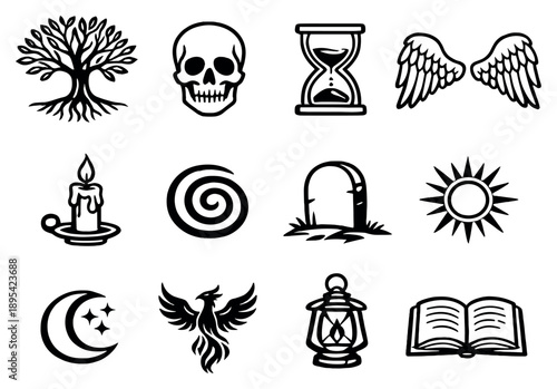 Life and Afterlife in outline style: tree of life, skull, hourglass, angel wings, candle, spiral, tombstone, sun, moon, phoenix, lantern, open book. Vector icons