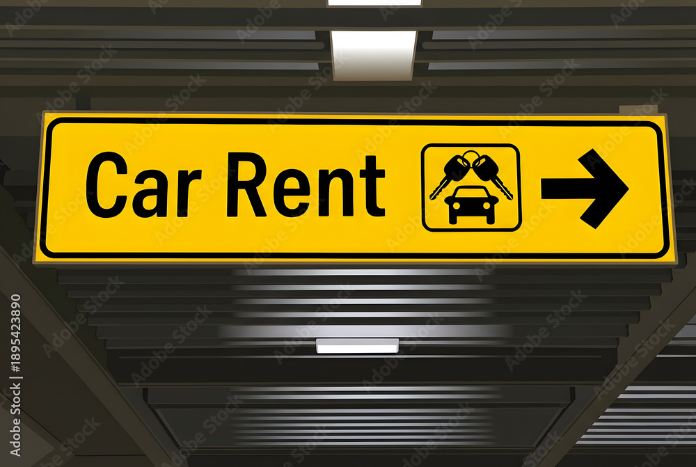 Obraz premium Yellow car rent sign with arrow and icon on ceiling with lights