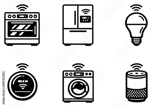 Intelligent Appliances in outline style: oven, refrigerator, smart light, thermostat, washing machine, speaker. Vector icons