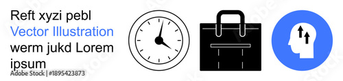 Time management, productivity, business planning, career growth, decision-making, conceptual thinking. Black clock, briefcase and blue circular head with arrows. Time management and productivity