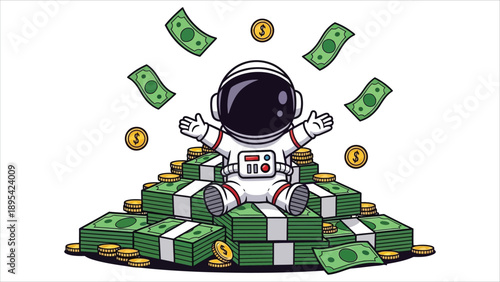  Cute Rich Astronaut with Money and Gold Coins Cartoon Vector.eps