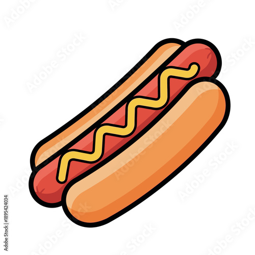 Illustration of a hot dog with a bun and yellow mustard on a white background in a cartoon style.