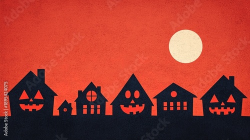 Silhouetted houses with Halloween pumpkin faces against a vibrant orange sky and a bright moon create a festive atmosphere.