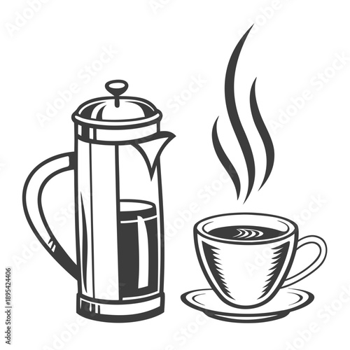french press, steaming coffee mug, minimalist, black and white, monochrome, line art, vector illustration
