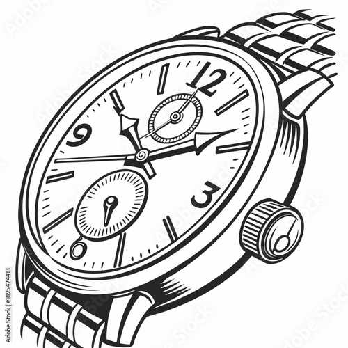 a highly detailed illustration of a wristwatch, rendered in a monochrome style, showcasing the intricate details of the timepiece including the face, hands, and bracelet
