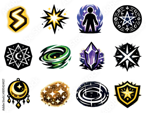 Enchantments Magic Essentials in bold style: glowing rune, magic spark, enchanted aura, spell circle, arcane symbol, energy swirl, mystic crystal, light glyph. Vector icons
