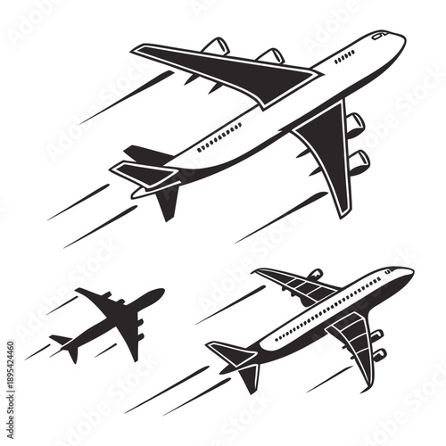 aircraft, airplane, jet, commercial airliner, simple line art, black and white, minimalist, vector illustration
