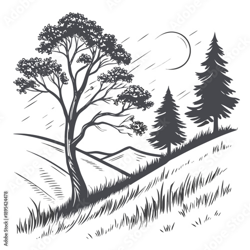 landscape, black and white, silhouette style, detailed, intricate, detailed trees, rolling hills, pine trees, minimalist, stylized, atmospheric, moody, dramatic sky, moon, high contrast
