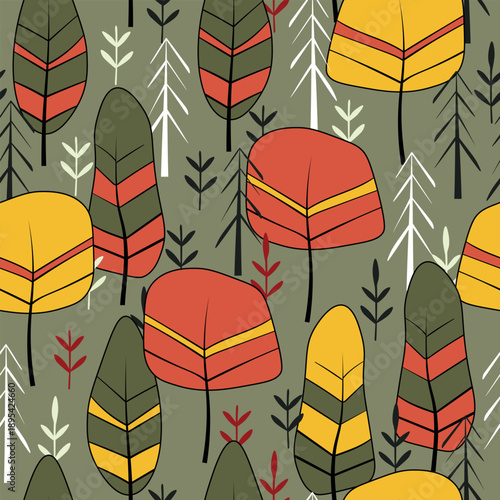 Seamless pattern with trees, plants. Color vector background. Spring, autumn tree for your design. Eco idea concept. Print design for wallpapers, fabric, textile.