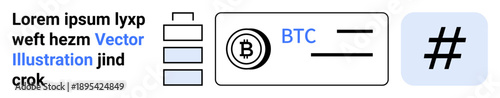 Bitcoin coin beside wallet symbol, digital hash icon, and text. Ideal for cryptocurrency, technology, blockchain, finance, digital security, fintech and simple landing page