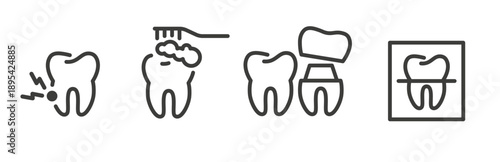 Dental x-rays, tooth pain, brushing teeth, dental crown, set of simple linear icons