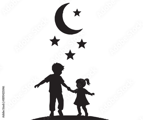 Silhouette of a man and a child gazing at the moon and stars