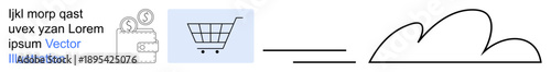 Online shopping, digital payment, cloud storage, e-commerce, technology integration, consumer finance. Wallet icon with coins, shopping cart and cloud symbol. Online shopping and digital payment