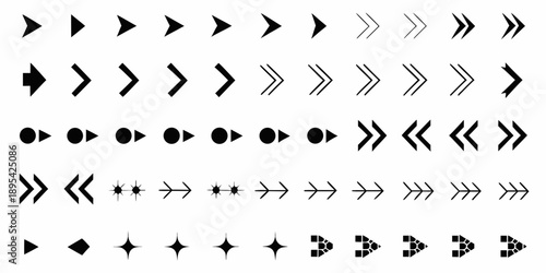 Arrangement of black geometric arrow and chevron patterns on a white background