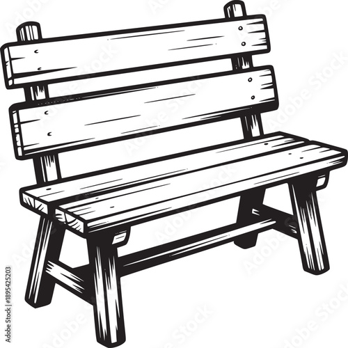 A black and white illustration of a wooden bench with a backrest on a white isolated background