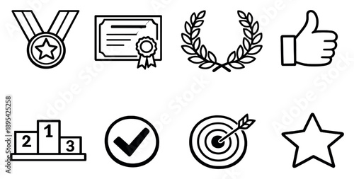 Performance recognition framework in outline style: medal ribbon, award certificate, laurel wreath, thumbs up, ranking podium, success checkmark, goal target. Vector icons