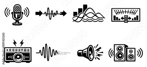Audio Energy System in outline style: microphone input, signal flow, sound intensity, harmonic layers, dynamic range, audio amplification, energy decay. Vector icons