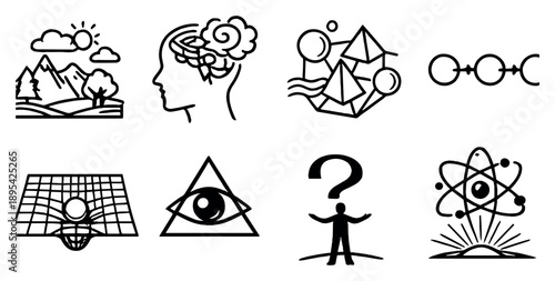 Nature of Reality Framework in outline style: physical world, mental realm, abstract plane, causal chains, space time grid, observer perspective, existential. Vector icons