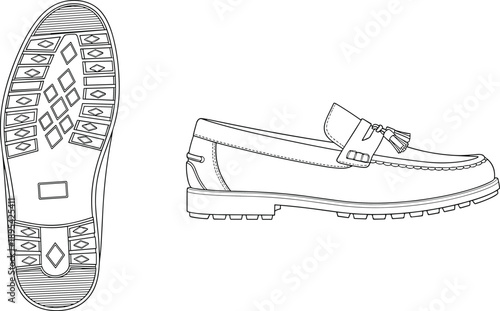 Black and white line of a tassel loafer shoe and its sole footwear
