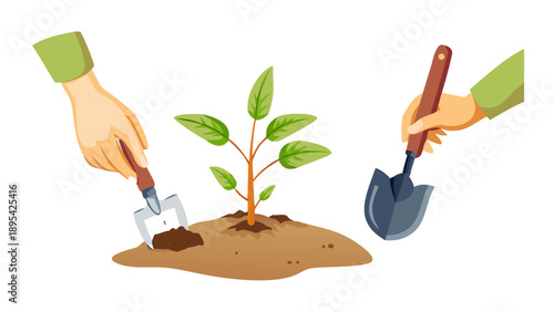 Vector art of a person’s hands planting a young sapling in rich soil, gardening tools nearby, soft natural colors, clean outlines.