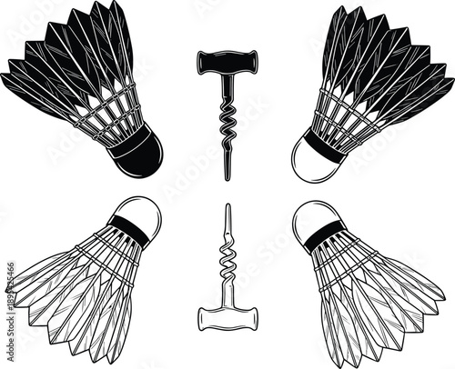 Black and white of four badminton shuttlecocks and two corkscrews arranged symmetrically