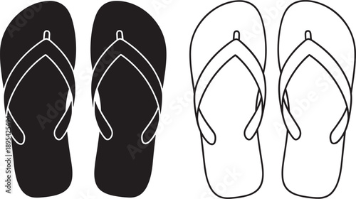 Black and white outline and silhouette of two pairs of flip flop sandals footwear