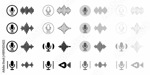 Collection of microphone icons with varying shades and sound wave designs