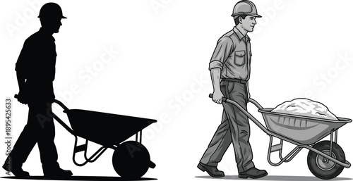 Black silhouette and grayscale of a construction worker pushing a wheelbarrow filled with