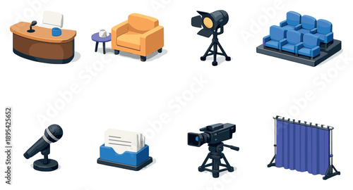 Talk Show Formats set of icons in flat isometric style: host desk setup, guest armchair, studio spotlight, audience seating, interview microphone, cue cards. Vector icons