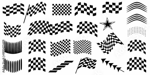 Collection of black and white checkered flag patterns and related designs