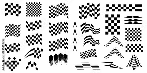 Abstract collection of black and white checkered patterns and linear designs