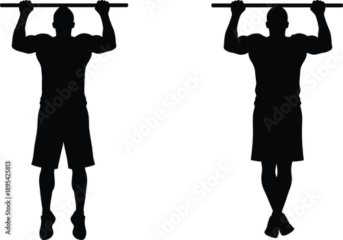 Black silhouette of a man performing a pull up exercise on a horizontal bar fitness