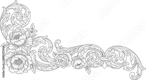 Elegant Floral Scrollwork Design with Detailed Peonies and Acanthus Leaves Illustration