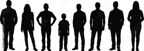 Black silhouettes of a group of people including men women and a child standing in a line