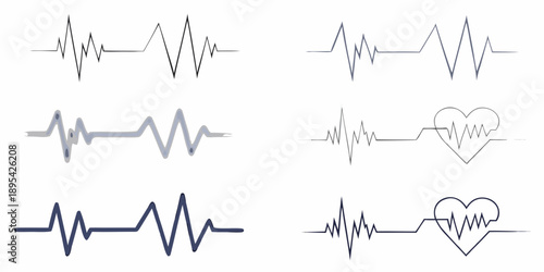 Collection of heart rate monitor waveforms and stylized heart designs