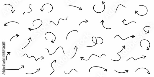 Collection of hand drawn arrows and curved lines on a white background