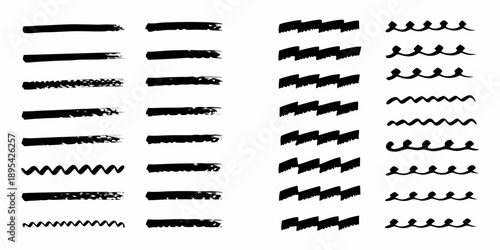 Abstract arrangement of diverse black brushstroke patterns on white background
