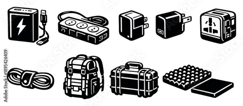 Power and Portability Essentials in outline style: rechargeable battery pack, compact power strip, wall charger plug, voltage adapter, cable wrap clip, rugged. Vector icons