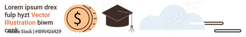Education funding, online learning, knowledge acquisition, financial goals, e-learning, economic growth. Coin, graduation cap and cloud symbols. Education funding and online learning
