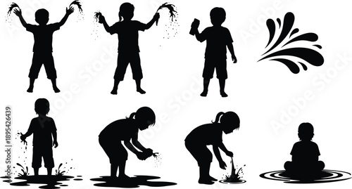Children silhouettes playing with water splashing and puddles