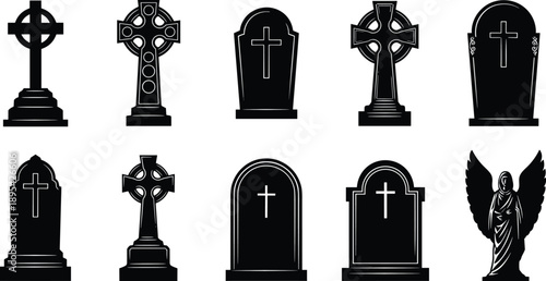 Collection of black silhouette tombstone and Celtic cross gravestone angel