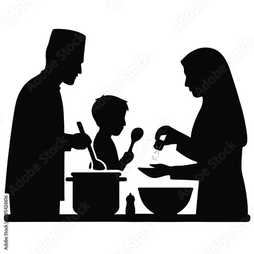 Silhouette of family cooking together during Ramadan