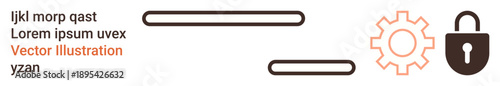 Online security, data protection, encryption, password access, system settings, and technology. Lock, gear and horizontal text lines. Online security and data protection