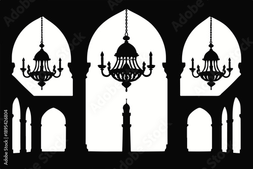 Silhouette of mosque interior with chandeliers