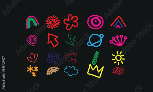 Collection of colorful hand drawn doodle icons representing various abstract shapes, natural elements like rainbows and flowers, and playful symbols perfect for modern graphic design projects