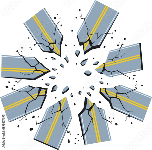 Cracked asphalt road exploding into pieces explosion effect