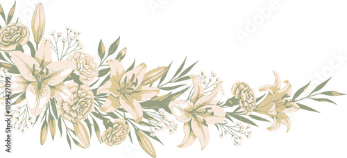 Elegant Watercolor Floral Arrangement with Pink and Yellow Lilies, Carnations, and Greenery