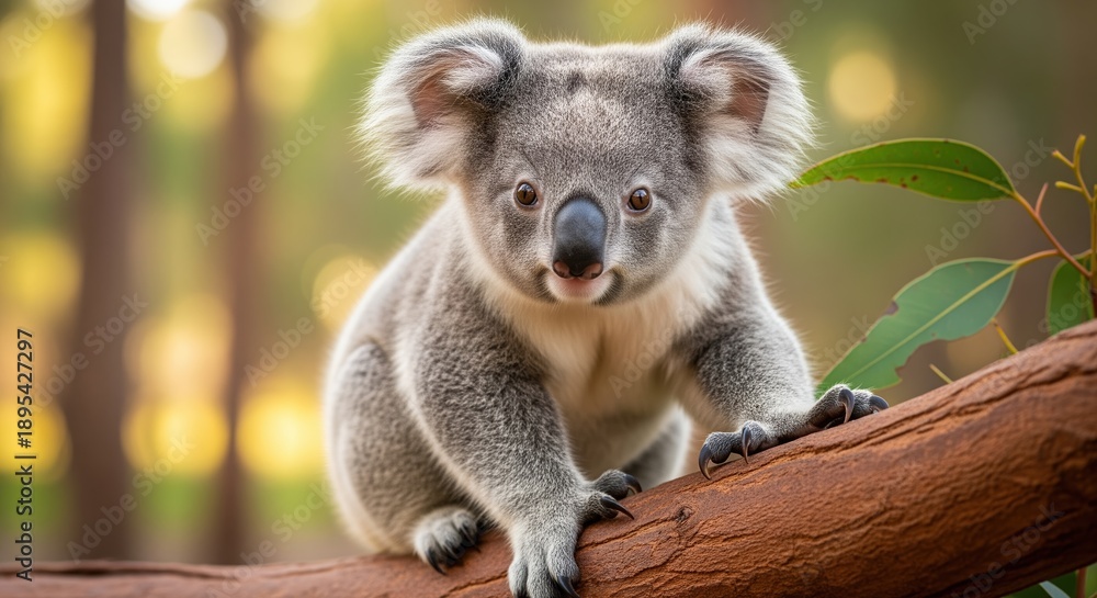 Obraz premium A cute koala sits on a wooden branch with green leaves, looking at the camera with a gentle expression. Blurred trees and warm sunlight create a peaceful natural setting.
