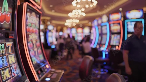 People play slot machines in a busy casino during evening hours